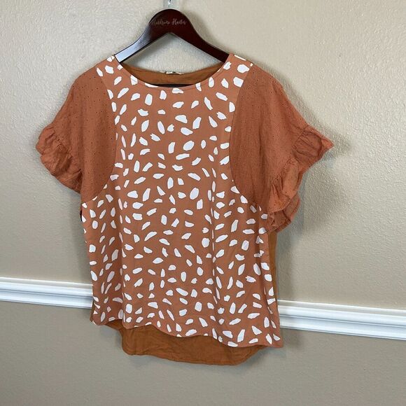 Umgee Linen Blend Top S Orange Flutter Sleeve Eyelet Mixed Media Animal Print R3 - Picture 3 of 12